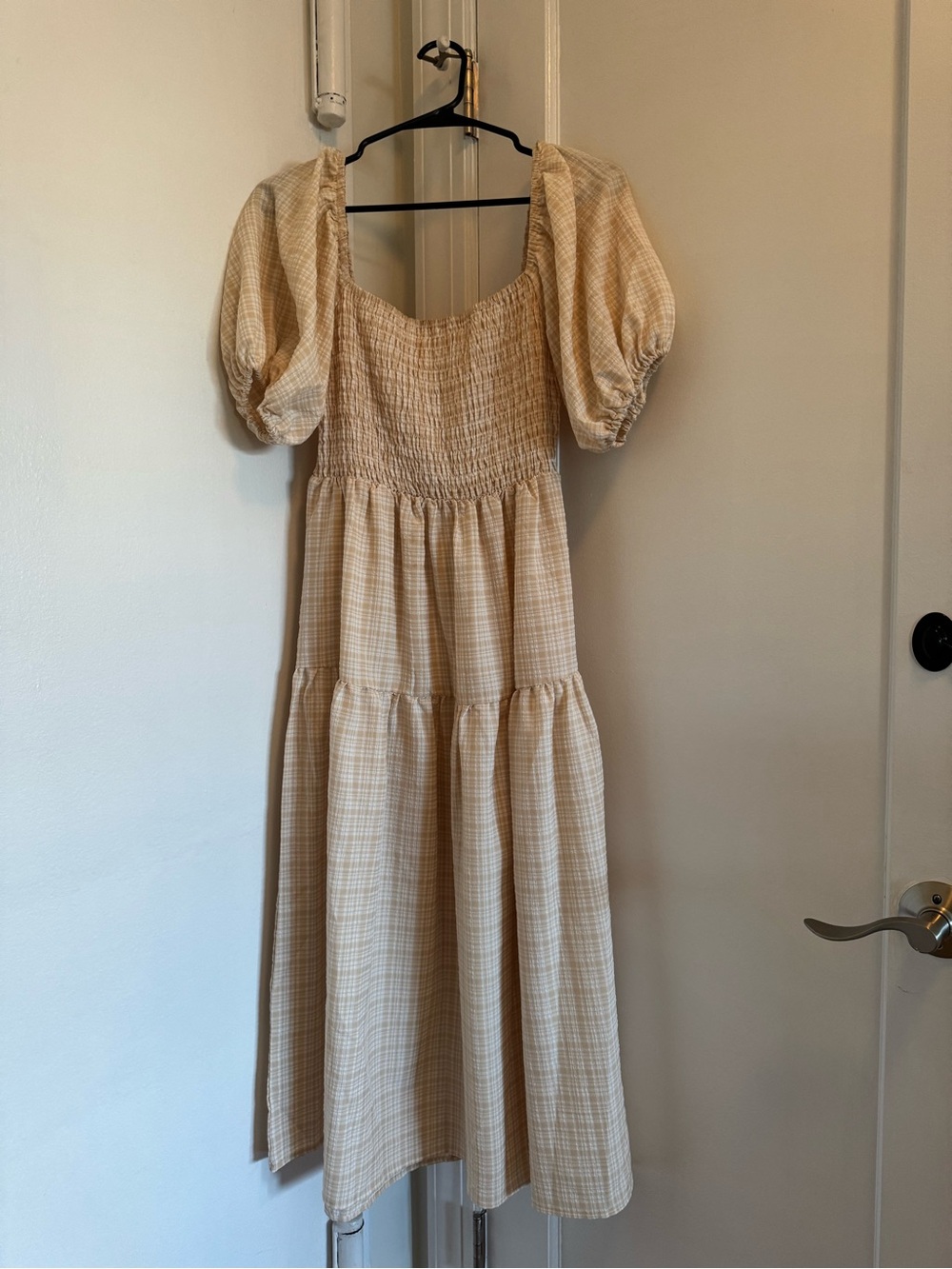 Smocked Puff Sleeve Midi Dress in Light Beige Plaid